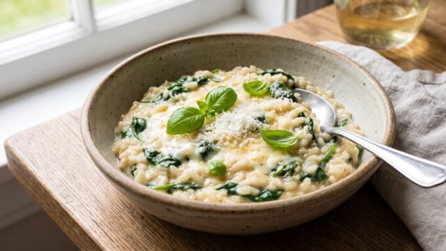 Receta de risotto con queso y espinaca, rápida y fácil