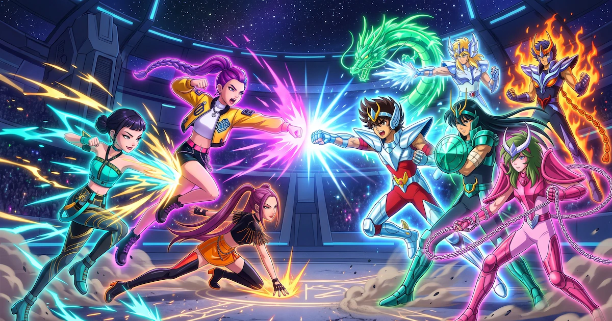 Cómo convertir una pelea entre Las Guerreras K-pop vs Los caballeros del Zodiaco en una lámina para colorear