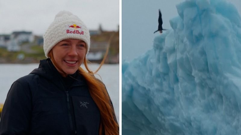 El momento en el que una clavadista canadiense se convierte en la primera mujer en saltar desde un iceberg de 15 metros